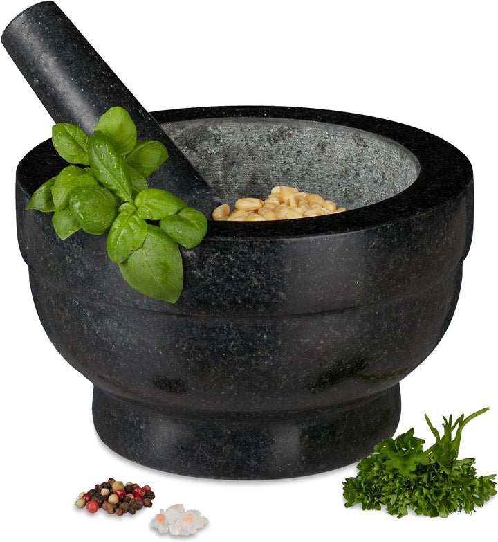 Relaxdays XXL Granit Mörser mit Stössel, robust, langlebig, Gewürze, Kräuter, Steinmörser, 5,6 kg, Ø