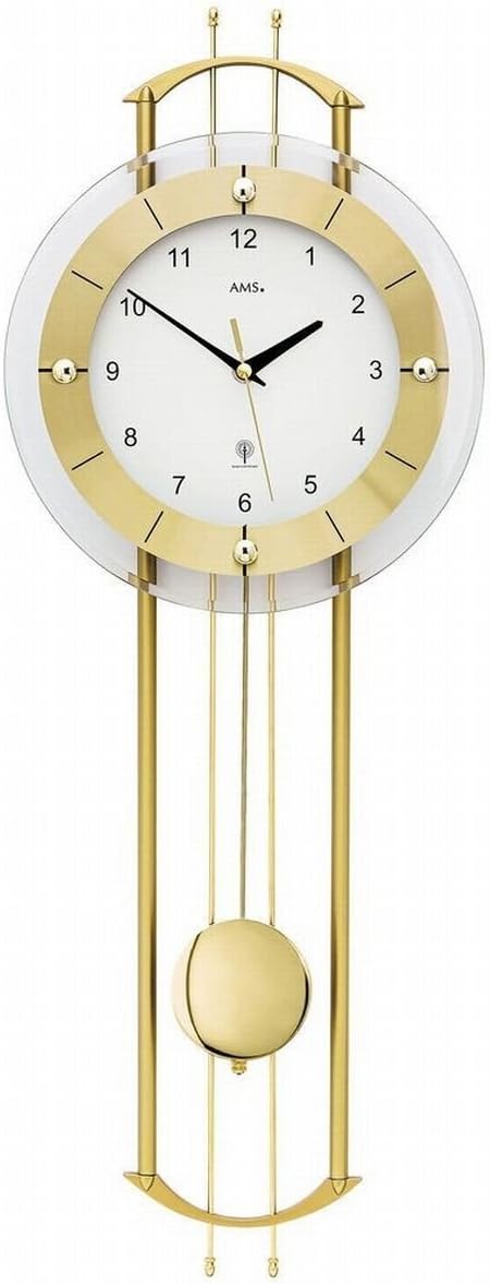 AMS Funkwanduhr 5257 mit glänzendem, messingfarbenem Pendel elegante Funk Pendeluhr Design Wanduhr