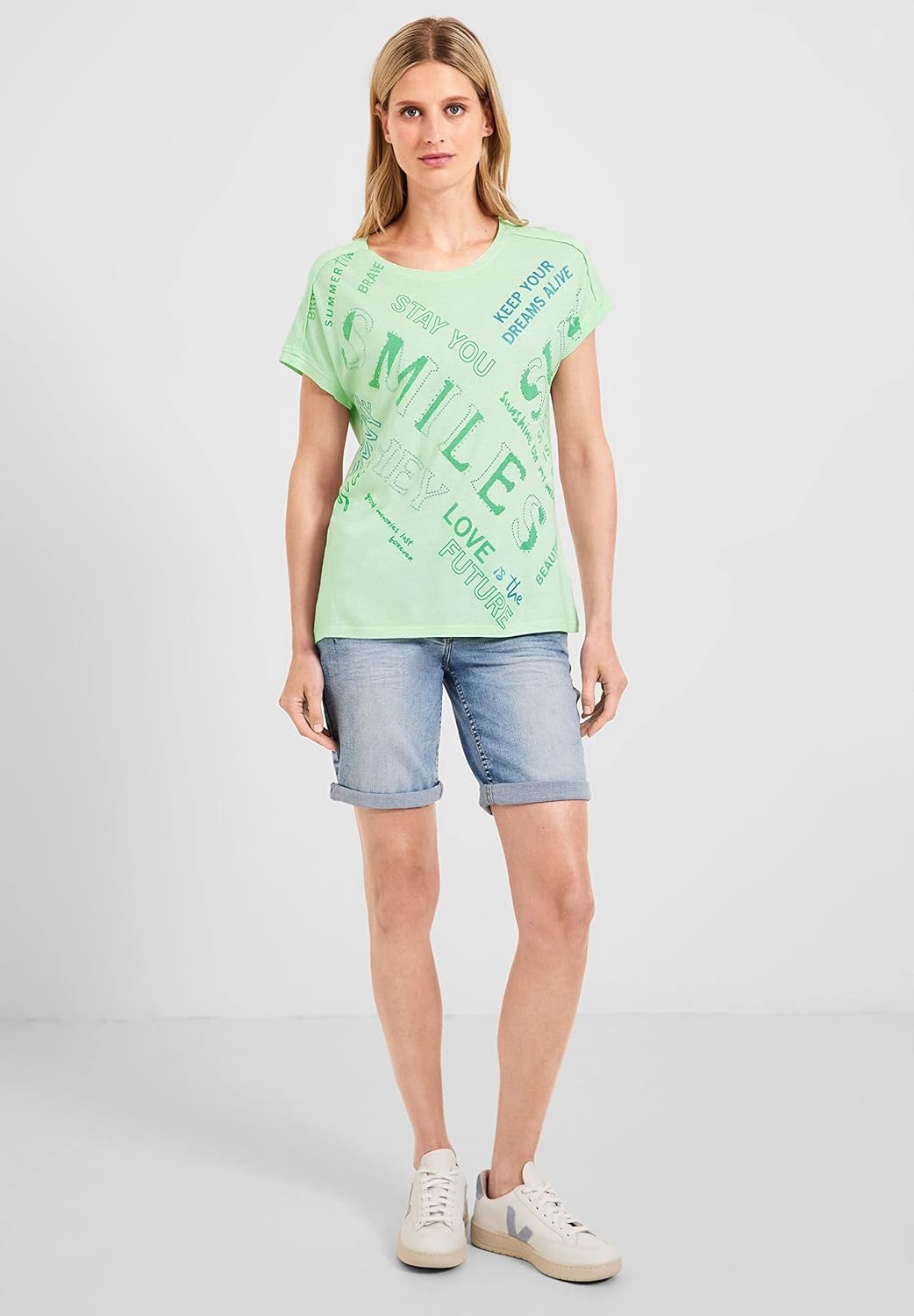 Cecil Damen Kurzarmshirt Bedruckt, XL Fresh Salvia Green
