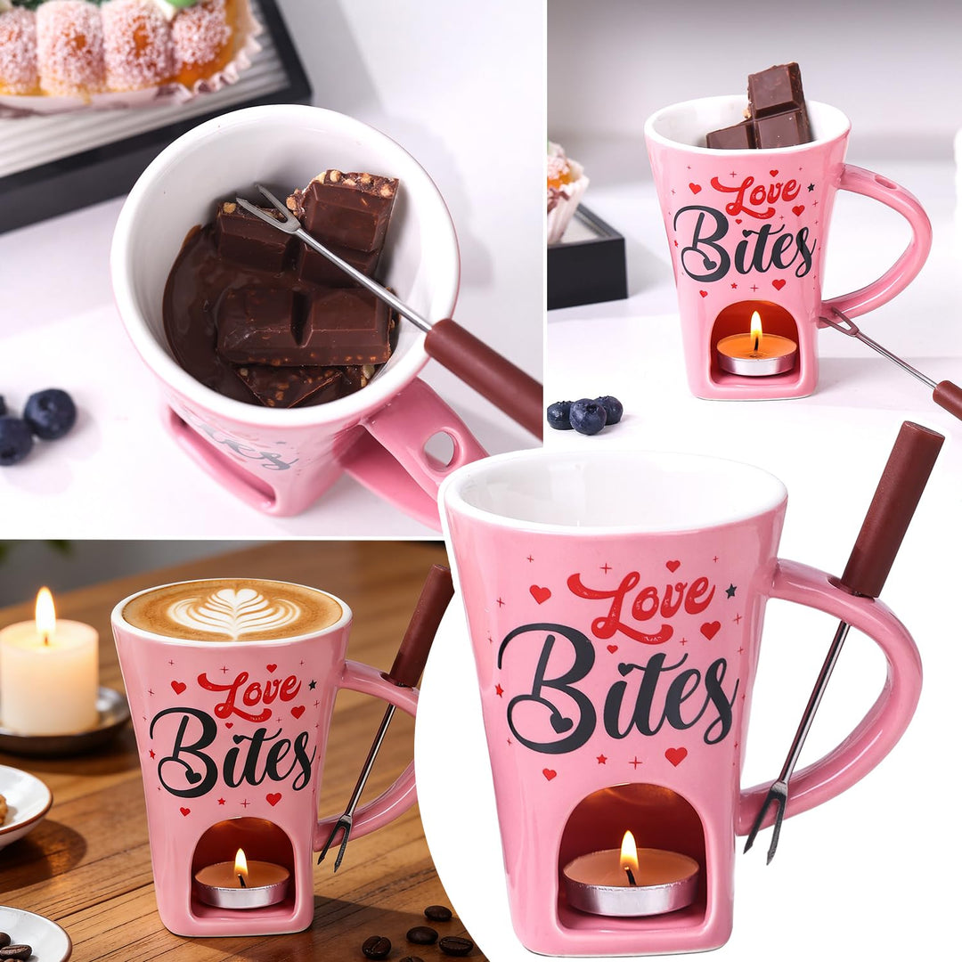 Keramik Schokofondue Tasse Set, 200ml Schoko Fondue Cup, Rosa Schokofondue Tasse mit Gabel und Teeli