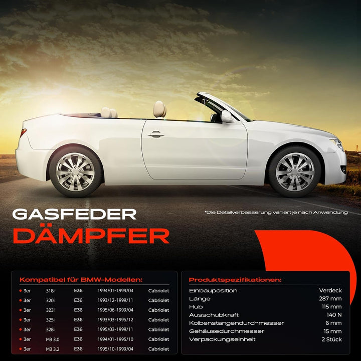 Frankberg 2x Gasfeder Dämpfer Verdeckklappe 51258132679 | Kompatibel mit 3er Cabriolet E36