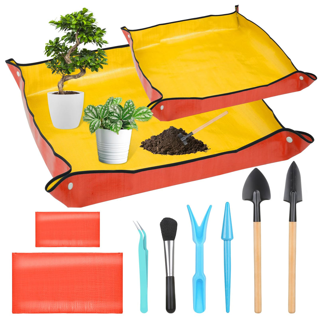 2 Stück Umtopfmatte zum Umpflanzen von Pflanzen, 99cm grosse Gartenmatte und 66cm orangefarbene Topf