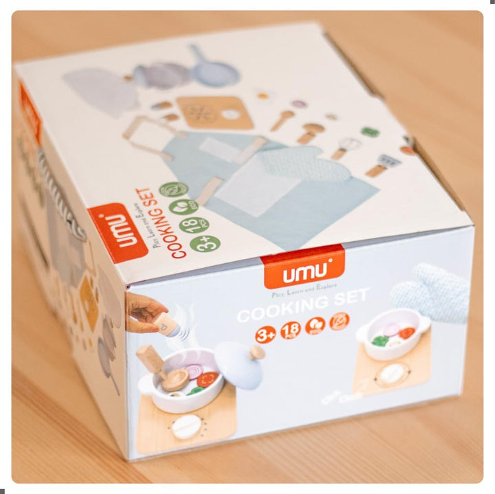 UMU® Kinder Kochset aus Holz mit Geschirr (Töpfe und Pfannen), Schürze, Lebensmittel und mehr, Kinde
