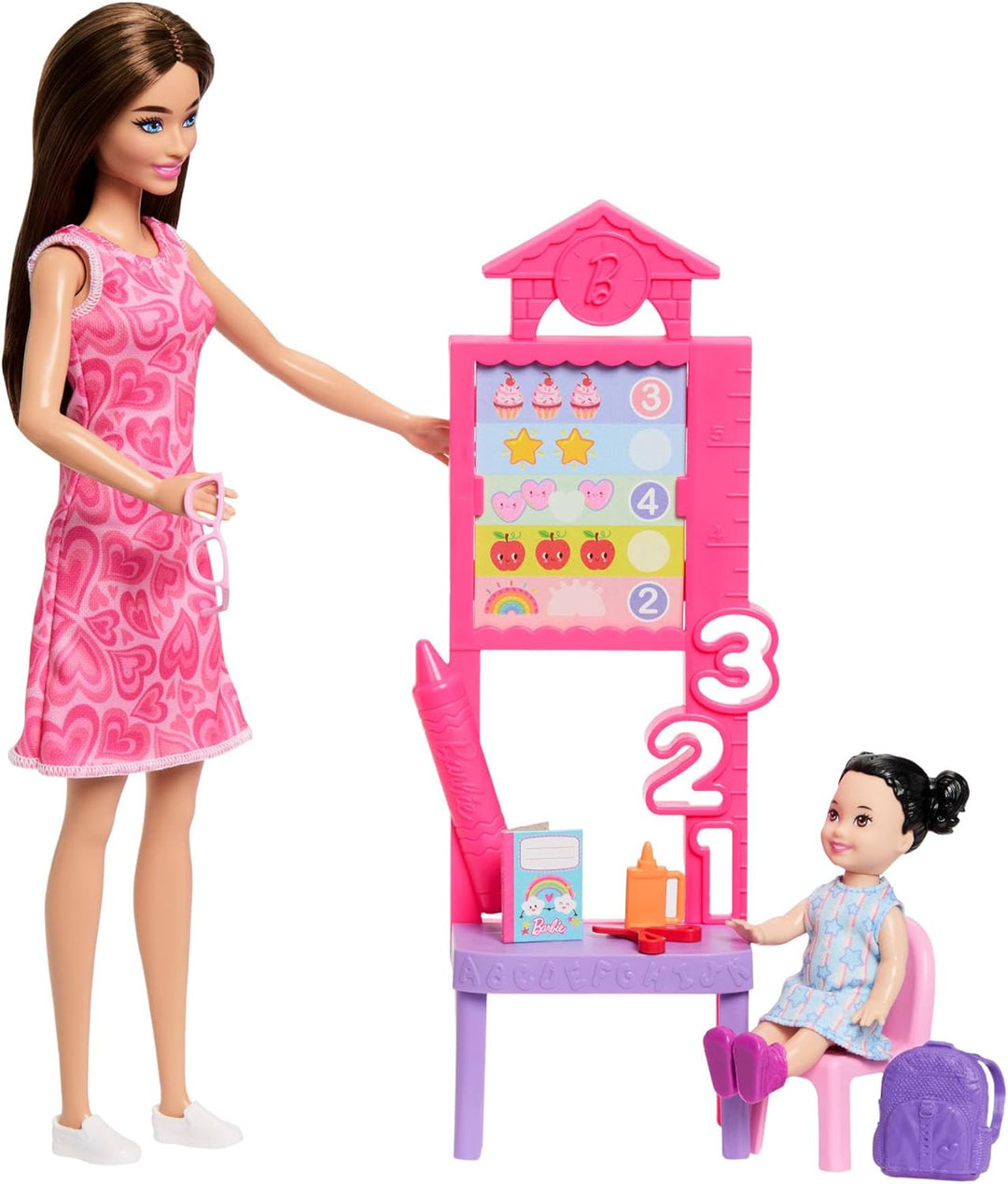 Barbie Karriere Lehrerin-Spielset mit Modepuppe im abnehmbaren Kleid, Kleinkind-Puppe, Tafel und Zub