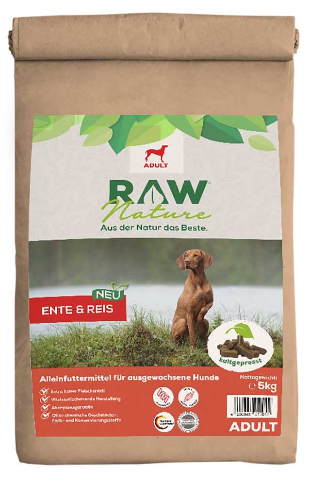 RAW Nature Trockenfutter Adult mit Ente 5kg, kaltgepresstes Hundefutter, Getreidefrei, 100% Muskelfl