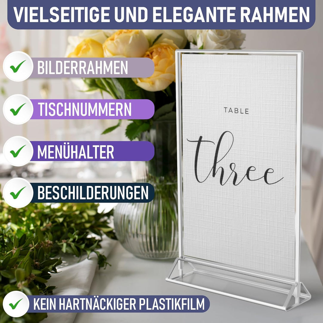 Silberne Bilderrahmen doppelseitig – 6 Stück – A4 Acryl Silber Tischnummernhalter, transparente Staf