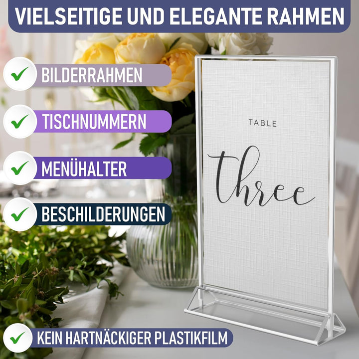 Silberne Bilderrahmen doppelseitig – 6 Stück – A4 Acryl Silber Tischnummernhalter, transparente Staf