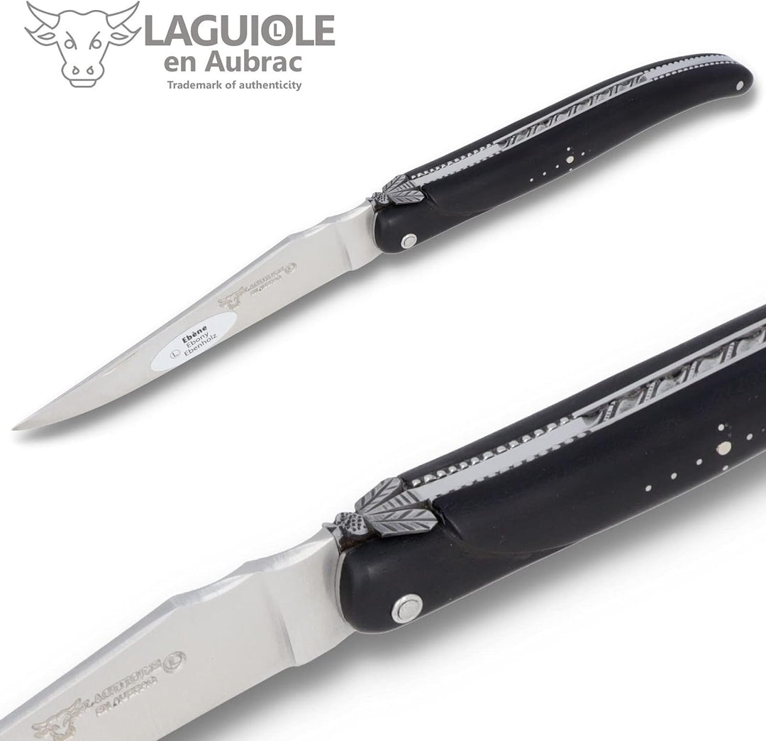 Laguiole en Aubrac Taschenmesser 'Perle' - 12 cm - Voller Griff Ebenholz - Verzierte Platinen - Stah