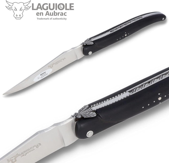 Laguiole en Aubrac Taschenmesser 'Perle' - 12 cm - Voller Griff Ebenholz - Verzierte Platinen - Stah