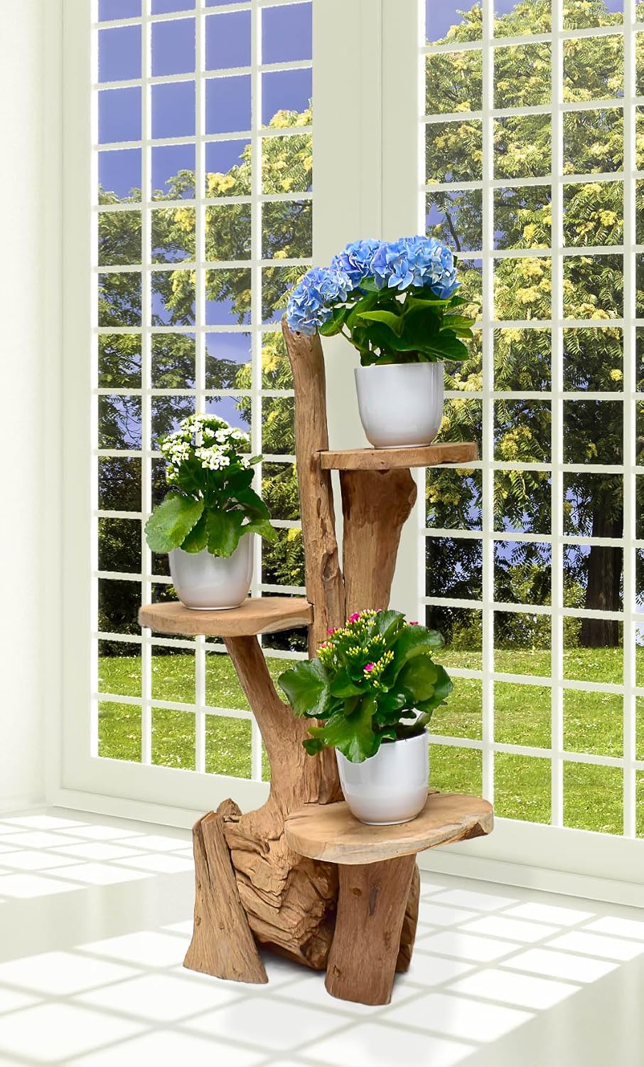 Teak Blumenständer mit 3 Ablagen Blumenpodest Pflanzentreppe Blumenregal Ständer Blumenhocker Massiv