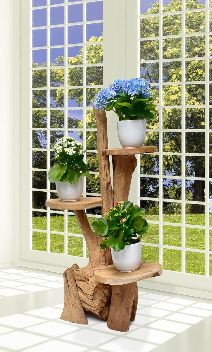 Teak Blumenständer mit 3 Ablagen Blumenpodest Pflanzentreppe Blumenregal Ständer Blumenhocker Massiv