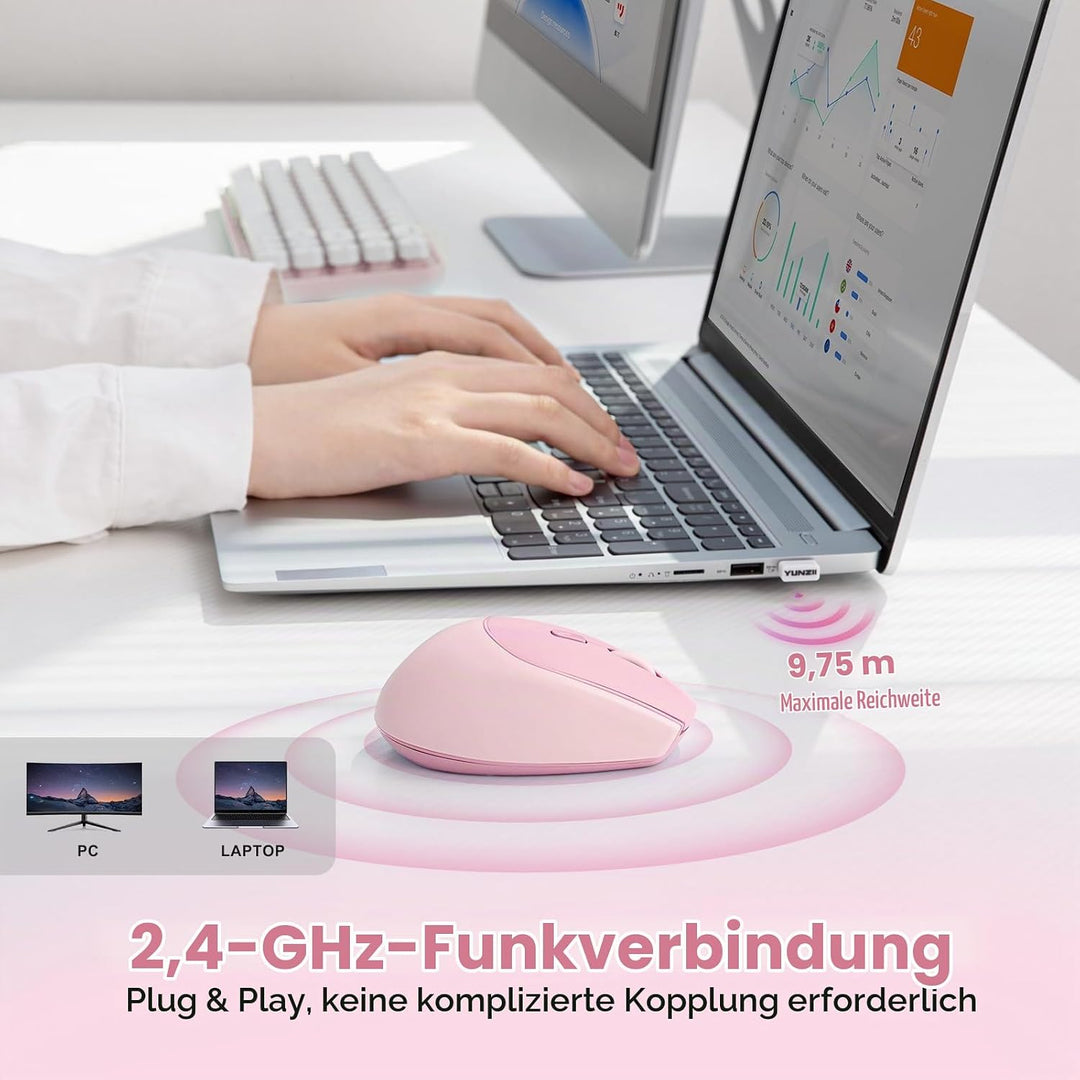 YUNZII C2 Drahtlose Maus, 2,4 GHz Silikon-Lautlose Funkmaus, 3 Verstellbare DPI, 1600 DPI Tracking,