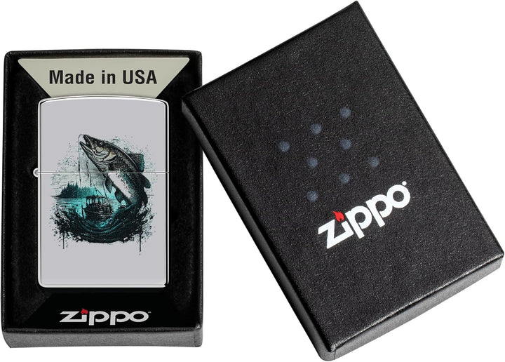 Zippo Sturmfeuerzeug - Fish and Boat, High Polish Chrome, Color Image - Nachfüllbar - Wiederverwendb