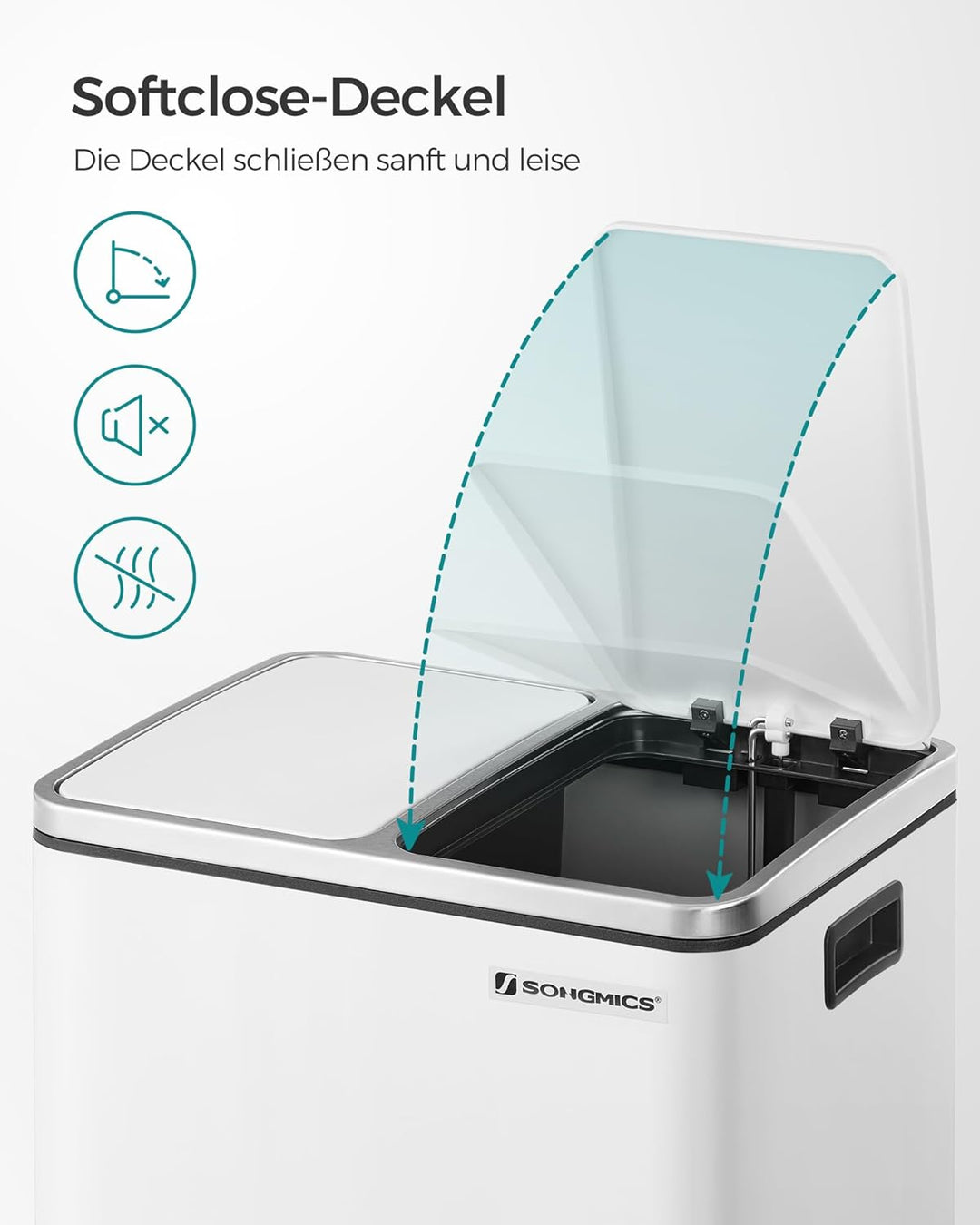 SONGMICS Mülleimer Küche, 2 x 15 Liter, Mülltrennsystem 2 Fächer, Abfalleimer, Treteimer, für gelben