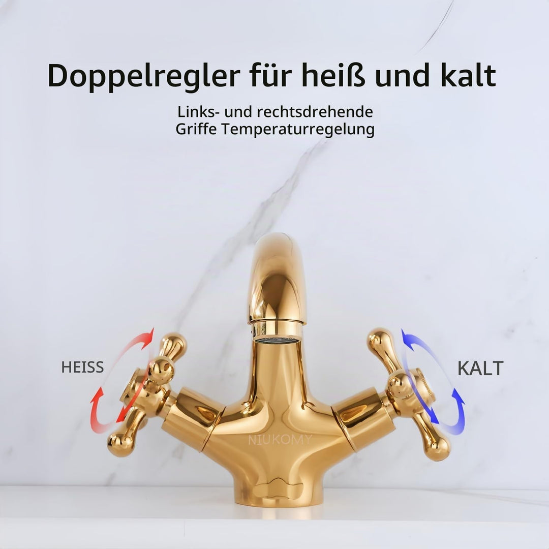 Wasserhahn Armatur Bad Zweigriff Gold, Waschtischarmatur Messing mit Kreuzgriff, Mischbatterie Badez