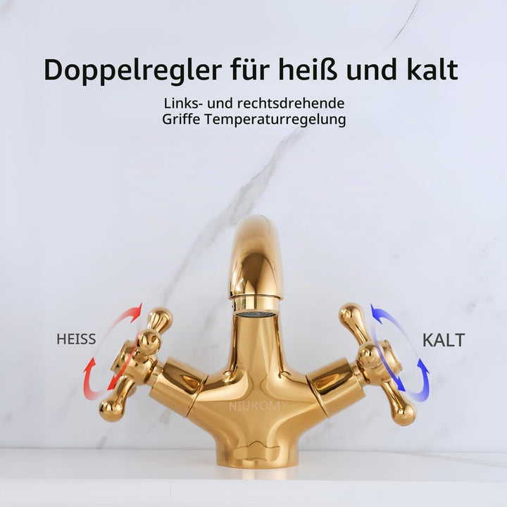 Wasserhahn Armatur Bad Zweigriff Gold, Waschtischarmatur Messing mit Kreuzgriff, Mischbatterie Badez