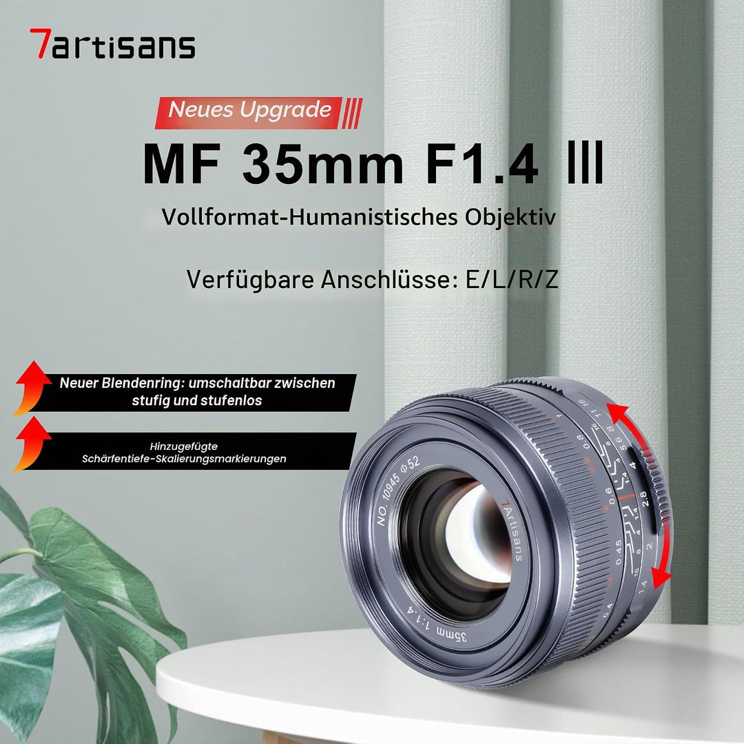 7artisans 35 mm F1.4 Mark Ⅲ Vollformat Festbrennweite mit manueller Fokussierung und grosser Blende,