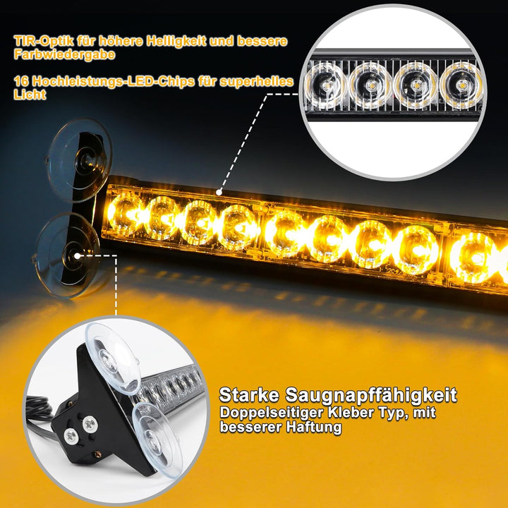 ROUTEKING 12V/24V Warnleuchte 32 LED Frontblitzer - 23 Modi Blitzleuchte 2x42.6cm Starker Rundumleuc