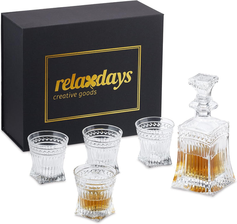 Relaxdays Whisky Set, 5-teilig, Whiskykaraffe 500 ml, 4 Whiskygläser 240 ml, Cognac Dekanter, Gesche