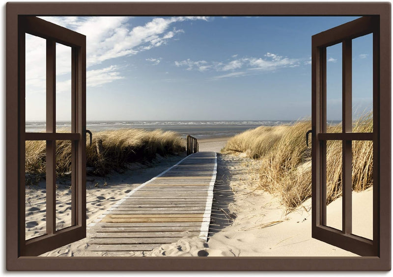 Artland Leinwandbild Wandbild Bild auf Leinwand 70x50 cm Wanddeko Fensterblick Fenster Strand Meer M