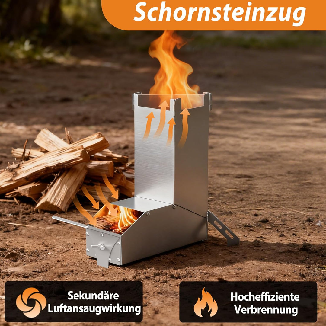Raketenofen Edelstahl Camping Holzofen & Feuerschale mit Tasche, vielseitiger Tragbar Campingofen, K