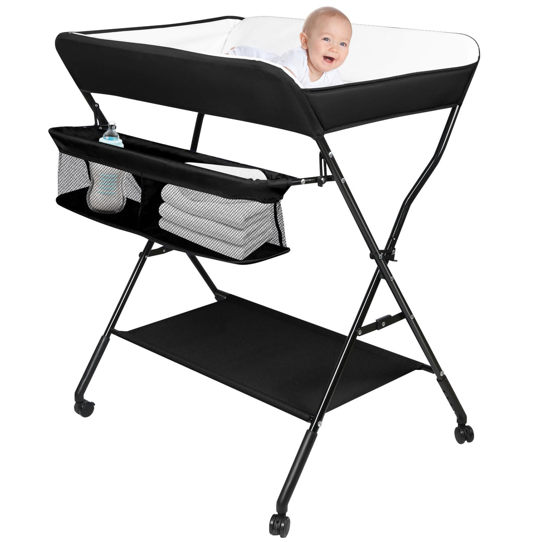 OHMG Baby Wickelkombi Klappbare Wickelkommode,Wickeltisch mit Rollen,Mobiler Wickeltisch mit Wickela