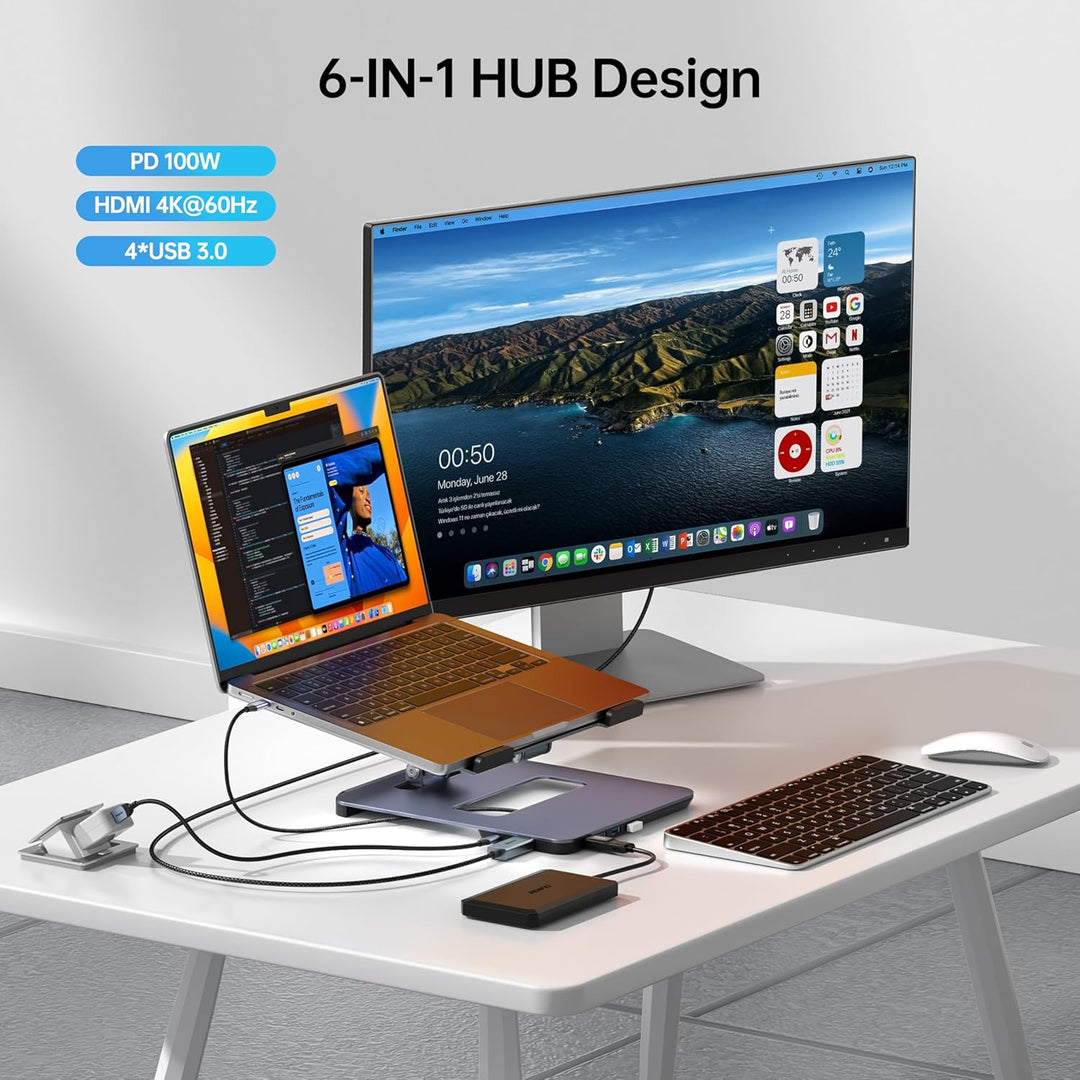 BENFEI Aluminium Laptop Ständer mit USB C 6in1 Dockingstation, HDMI 4K@60Hz, 4*USB3.0, 100 PD Kompat