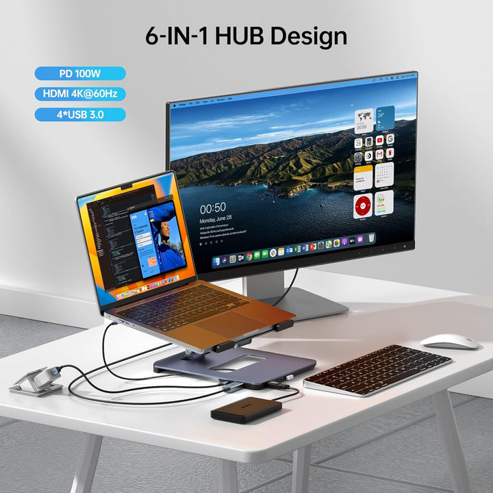 BENFEI Aluminium Laptop Ständer mit USB C 6in1 Dockingstation, HDMI 4K@60Hz, 4*USB3.0, 100 PD Kompat