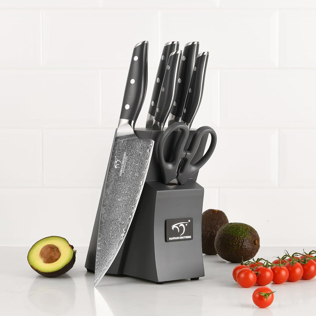 NANFANG BROTHERS Damascus Kitchen Knife Set 7 Piece with Block, Non-Slip ABS Handle, Ultra Sharp Sta