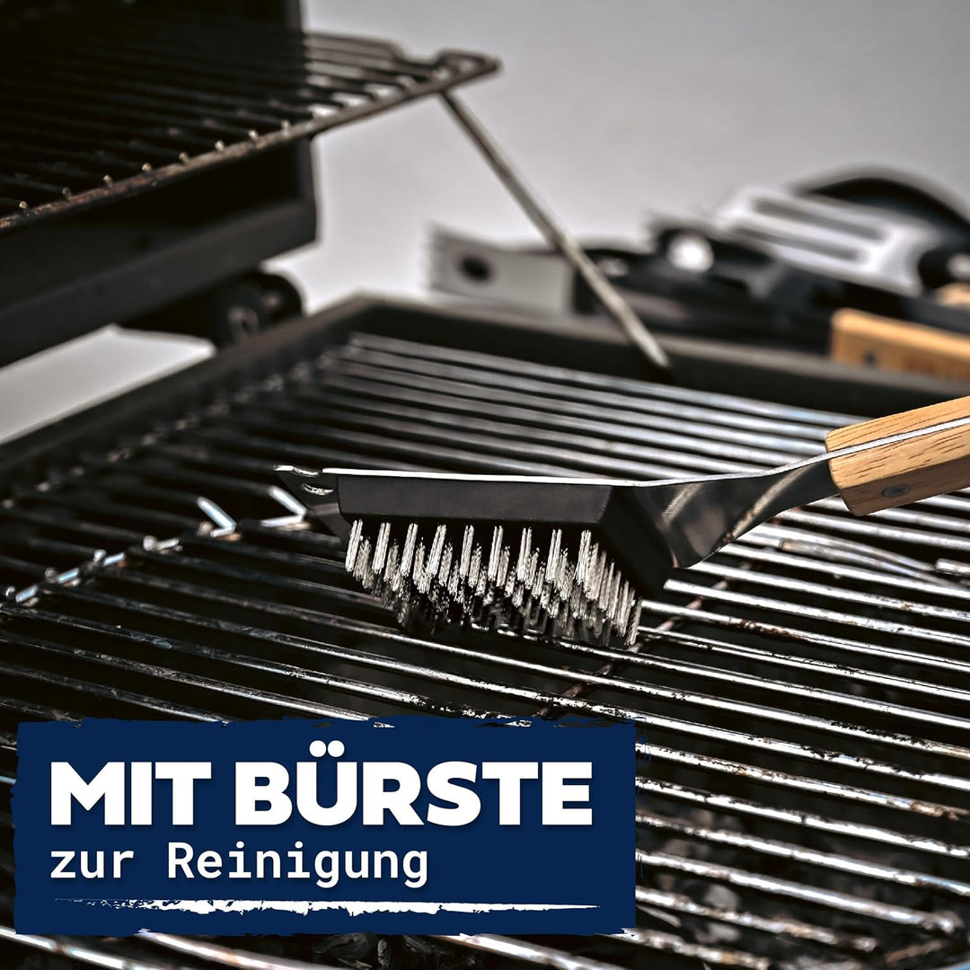 Praknu Grillbesteck Set mit Holzgriffen und Tragetasche - Hitzebeständig, Rostfrei und Robust - Gril