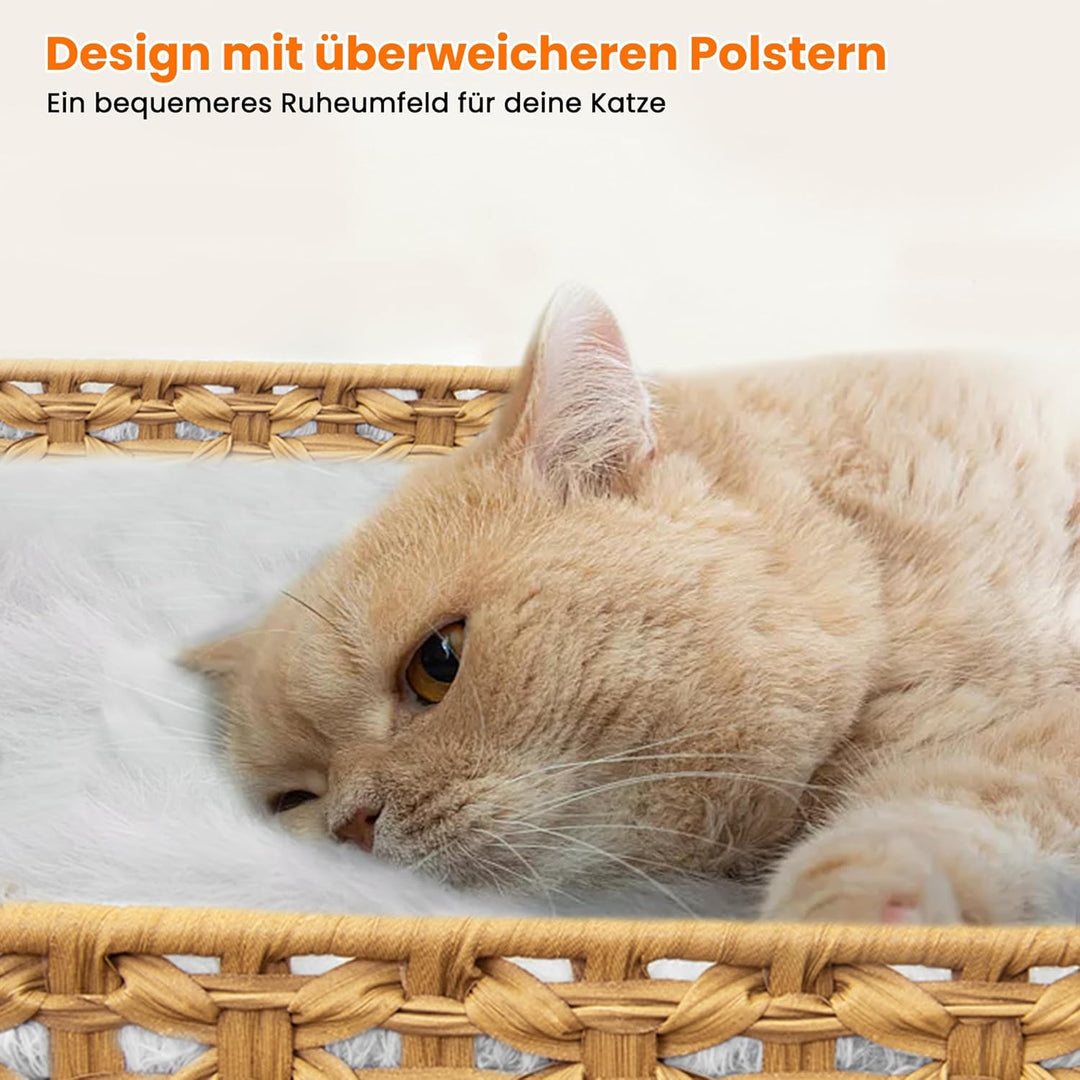 XXL Verstecktes Katzenklo Möbel mit Plüschkissen, 90x50x65cm Handgewebtes Rattan Katzenhaus, Stabil