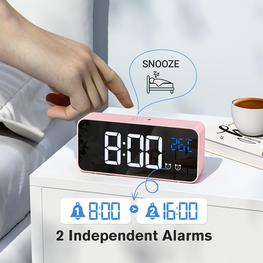 Wecker Digital, LED Digitaluhr mit Temperaturanzeige Tragbarer Spiegelalarm Tischuhr mit 2 Alarmen 1