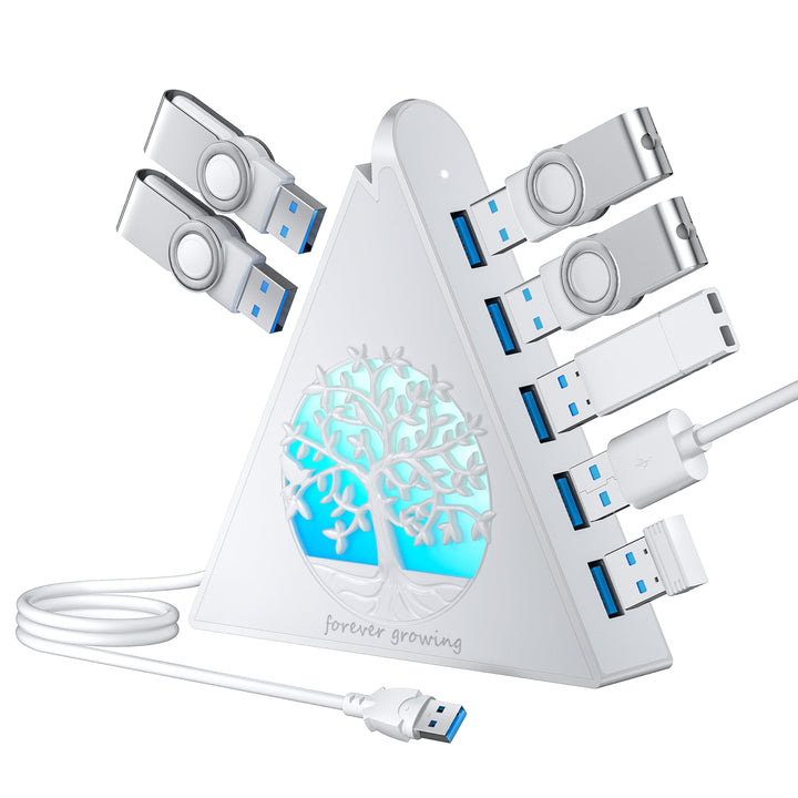 7-Port USB 3.0 Hub, Weiss Vertikaler USB Hub Splitter mit baumförmiger RGB-Beleuchtung, 5Gbps Hochge
