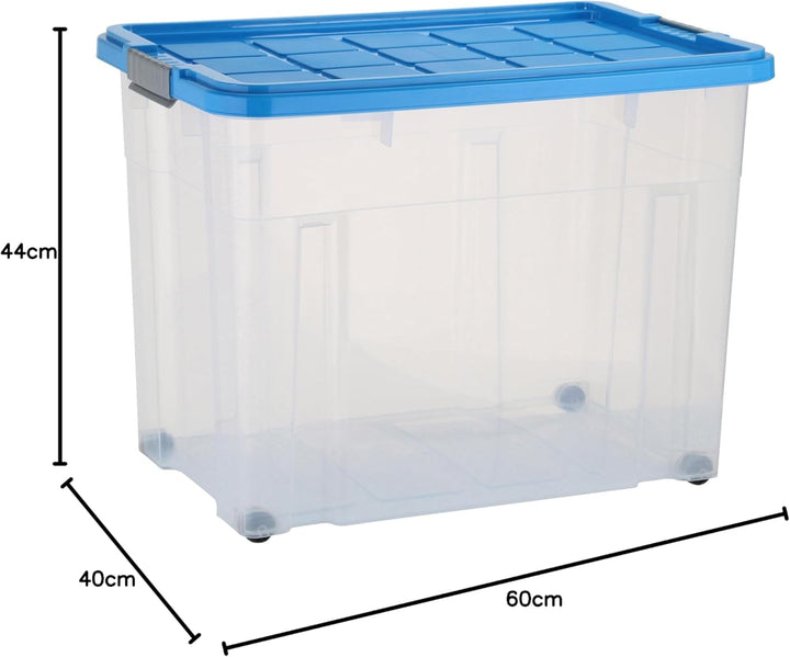 axentia Aufbewahrungsbox mit Rollen & Deckel, Stapelbox aus Kunststoff 80 Liter, Eurobox transparent