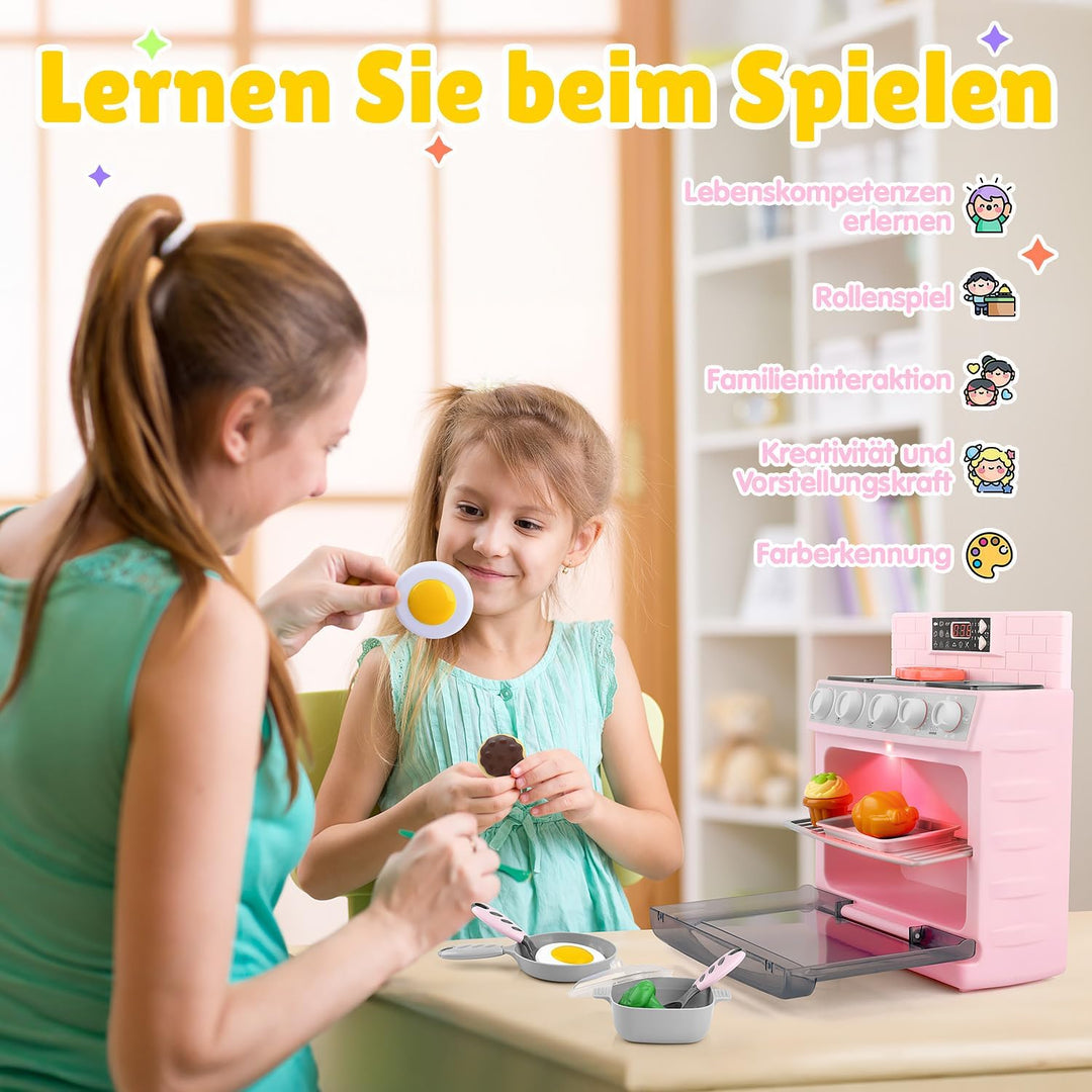 PLAY Kinderküche Zubehör Backofen Spielzeug Set, Küchengeräte Kinder Set mit Ofen, Lebensmittel Spie