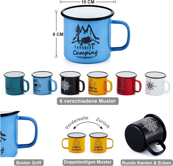 Emaille Tasse 6er-Set, Joyfair 455 ml Bunte Kaffeetassen - Blau/Rot/Grün/Gelb/Schwarz/Weiss, Trinkbe