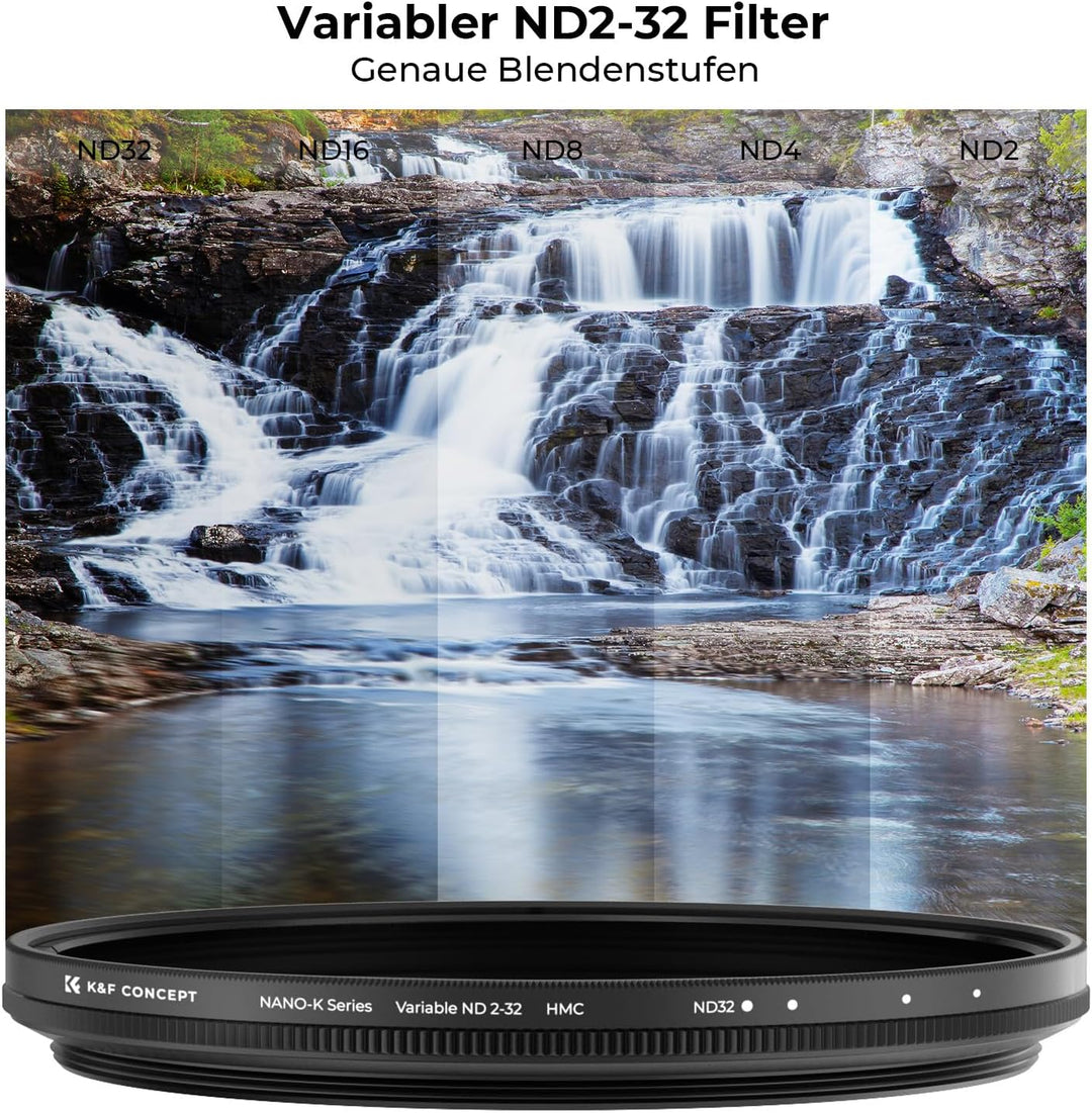 K&F CONCEPT Nano-K Serie ND Filter 82mm Variabler Graufilter ND2-32 (1-5 Blendenstufen), 82mm