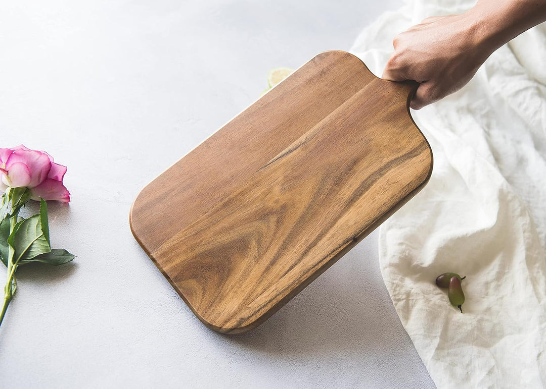 BILL.F Acacia Holz Schneidebrett mit Griff 38x19x2,2cm, Holz Charcuterie Board Paddle Cheese Board S