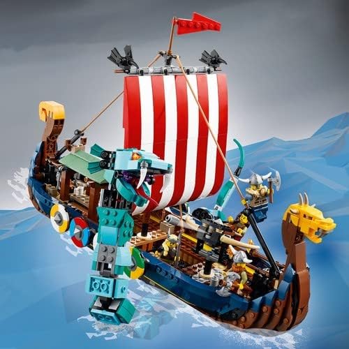 LEGO 31132 Creator 3in1 Wikingerschiff mit Midgardschlange, Set mit Schiff, Haus, Spielzeug-Wolf und