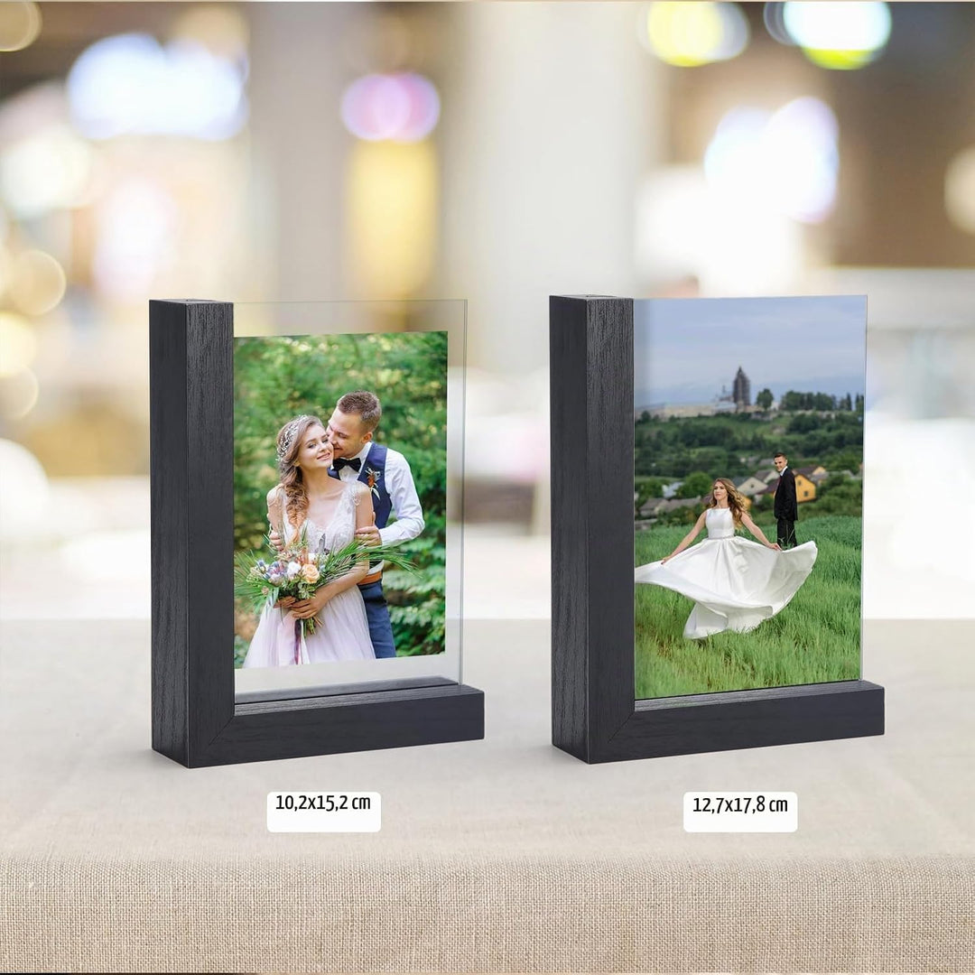 RLAVBL 2er Set Schwarze Bilderrahmen 10x15 cm, Doppelseitiger Glasbilderrahmen mit L-förmigem MDF-So