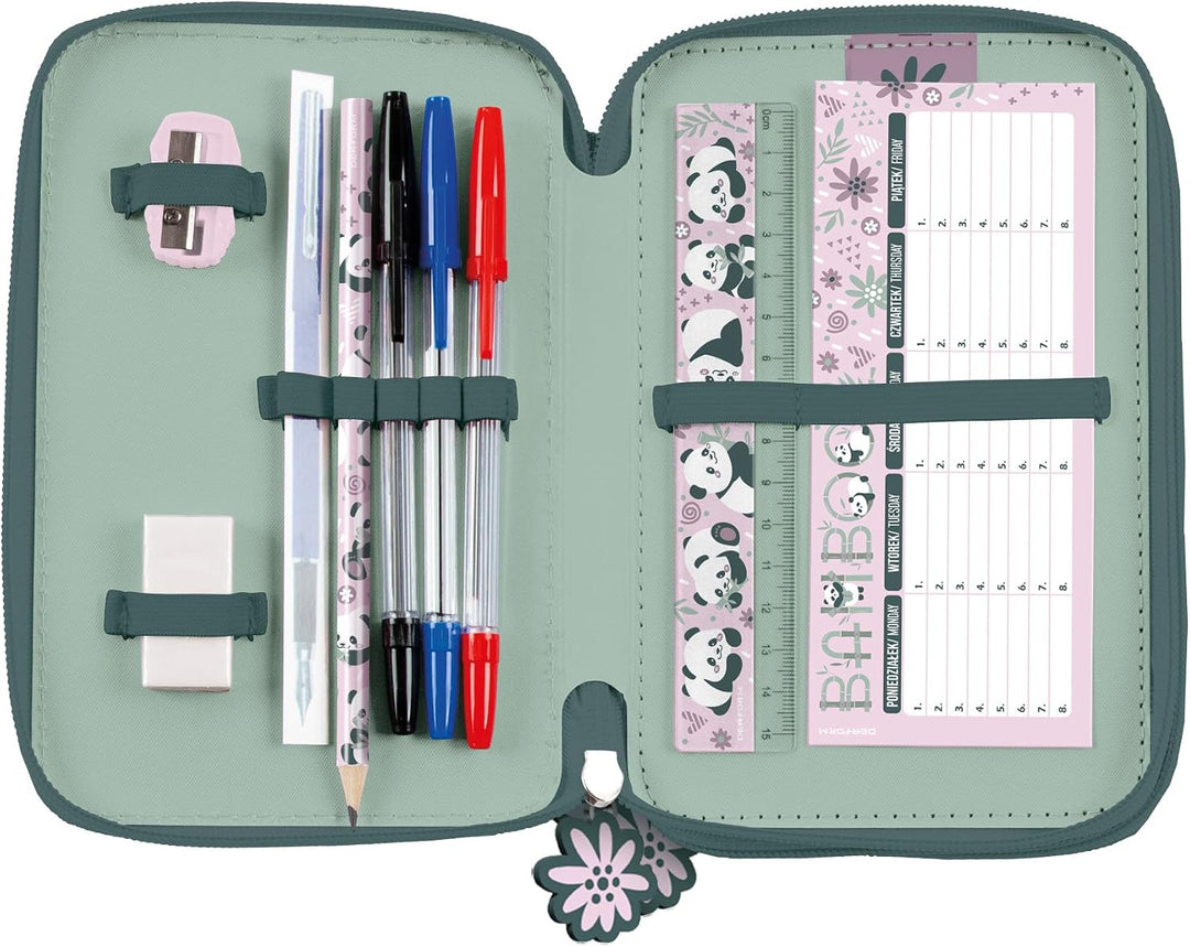 Panda Pandabär Bärchen, 3-Fach Federtasche Federmappe, 44 tlg. gefüllt für Kinder Jungen Mädchen, ro