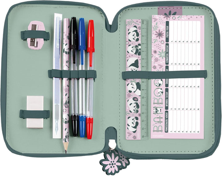 Panda Pandabär Bärchen, 3-Fach Federtasche Federmappe, 44 tlg. gefüllt für Kinder Jungen Mädchen, ro