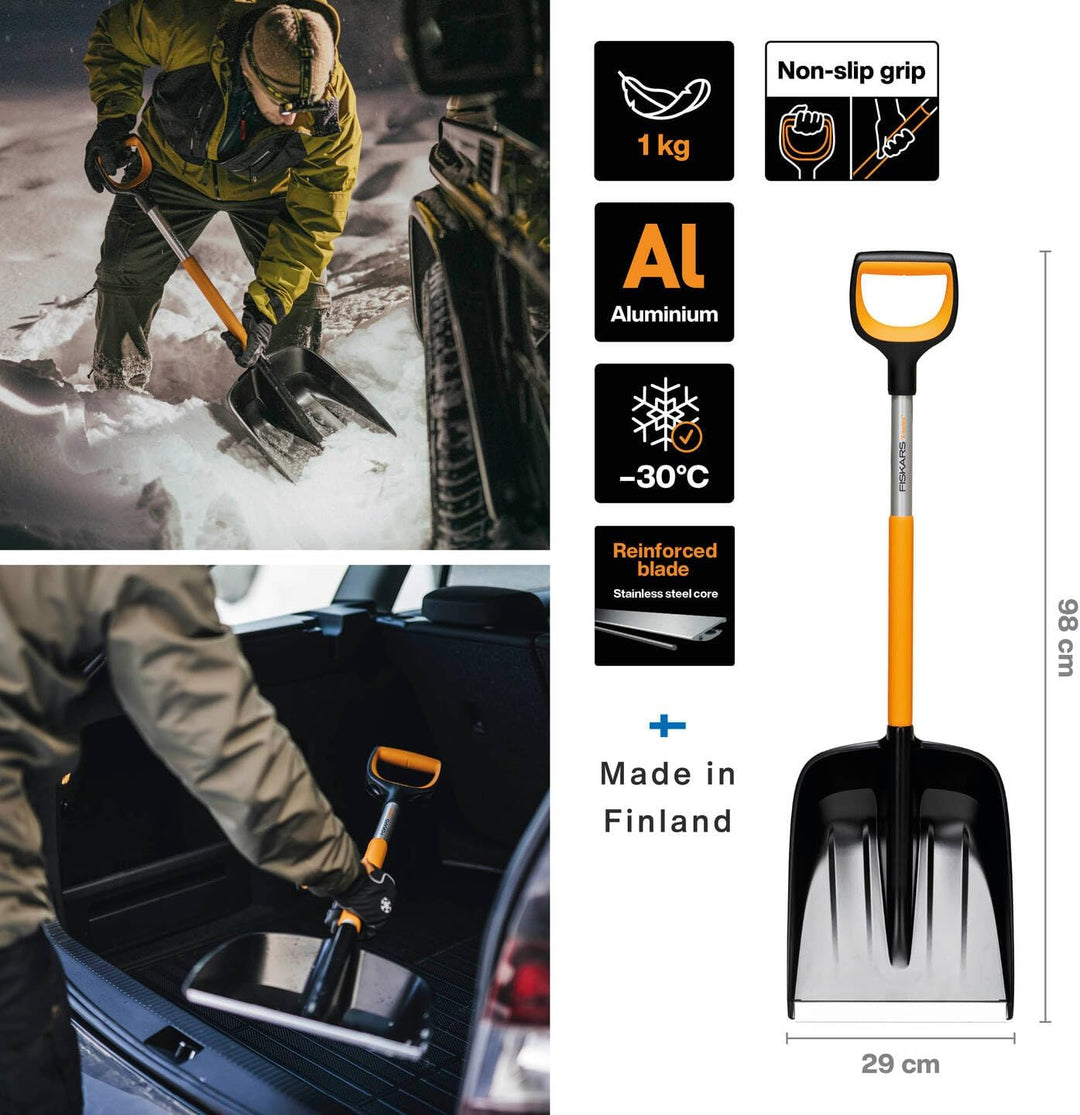 Fiskars Auto-Schneeschaufel, X-series, Länge: 98 cm, Aluminium/Polymer, Schwarz/Orange/Grau, 1057393