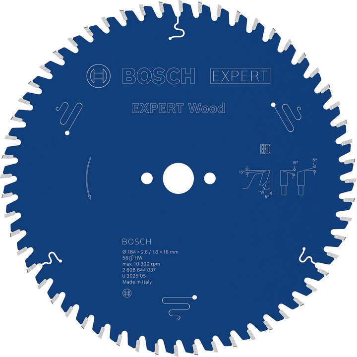 Bosch Professional 1x Kreissägeblatt Expert for Wood (Holz, Sägeblatt Ø 184 x 16 x 2,6 mm, 56 Zähne,