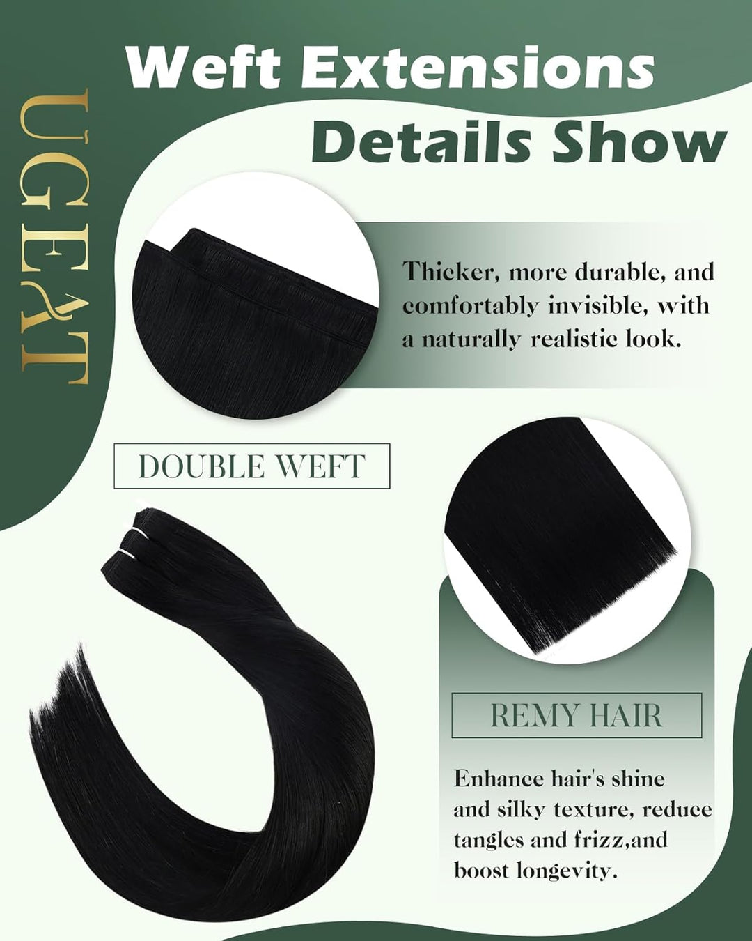 Ugeat Tressen Extensions Echthaar Schwarz #1 Lang Hair Bundles Echthaar Haartressen Extensions Echth