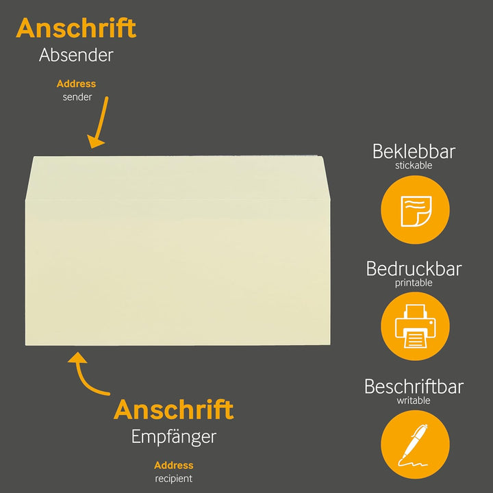 100 Stück, Farbige Briefumschläge, DIN C6/5, Haftklebung mit Abziehstreifen, Gerade Klappe, 130 g/qm