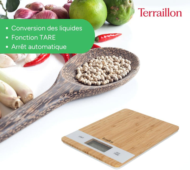 TERRAILLON Bamboo Küchenwaage, USB, wiederaufladbar über USB, automatische Abschaltung – Tara-Funkti