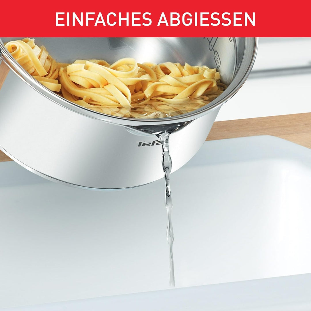 TEFAL DUETTO Stielkasserolle 16cm | A70522 | Edelstahl-Kochgeschirr | mit Siebdeckel und Ausgiesshil