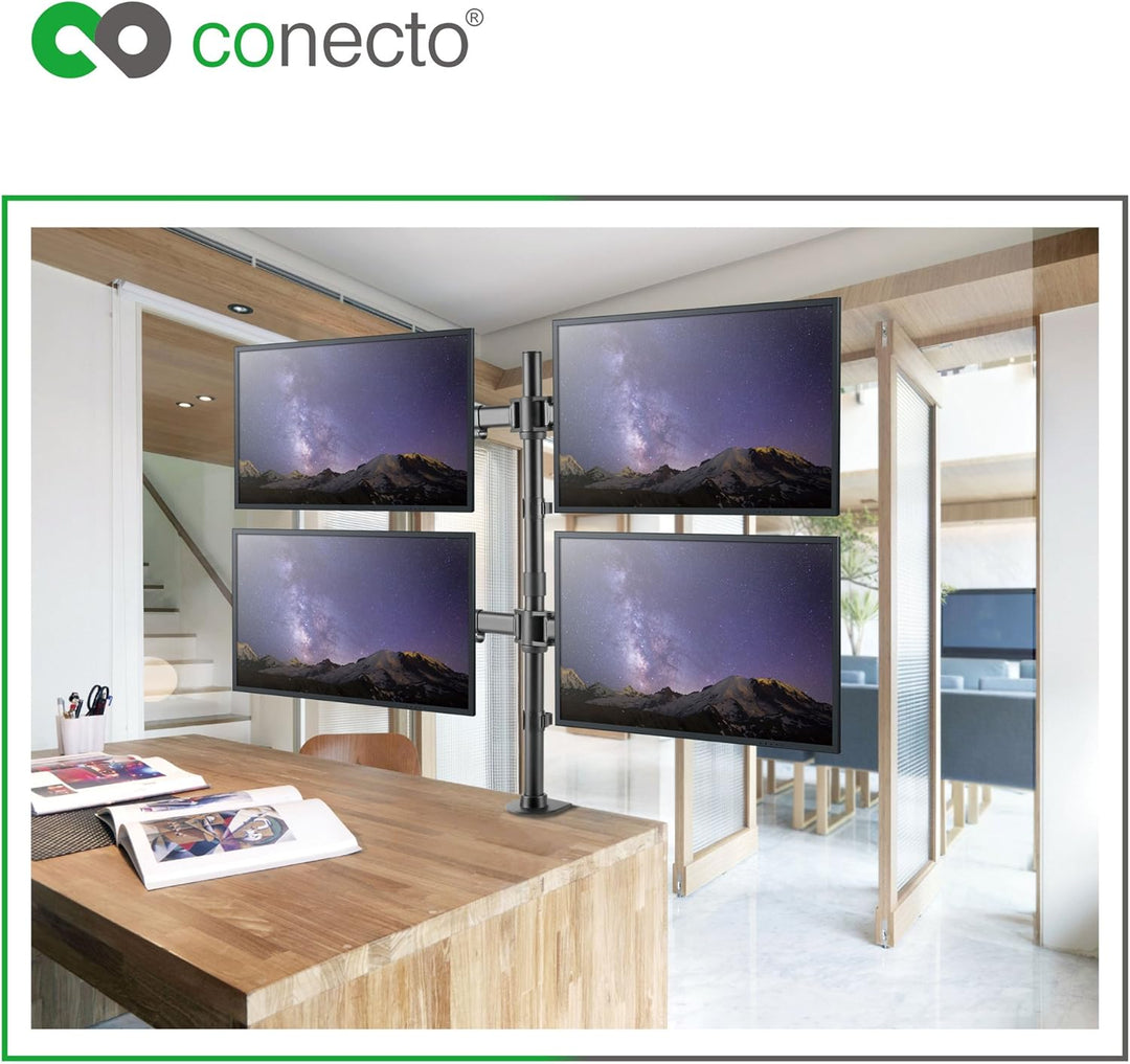 conecto, Monitorhalterung für Vier Bildschirme bis 27 Zoll, neigbar +/- 45°, drehbar +/- 180°, drehb