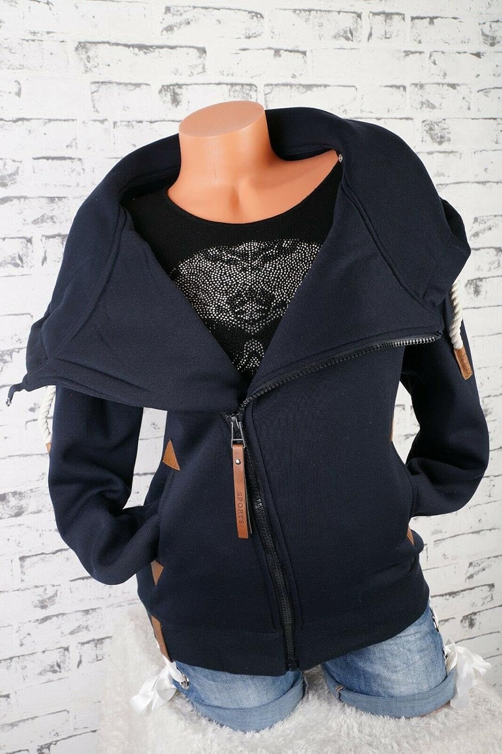 VIN TE Damen Sweat Jacke XXL Kapuze Hoodie Übergangsjacke Fleece gefüttert schräger Reissverschluss